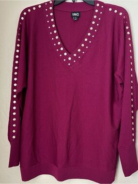 INC International Concepts V-Neck Studded Sweater - Berry Plum